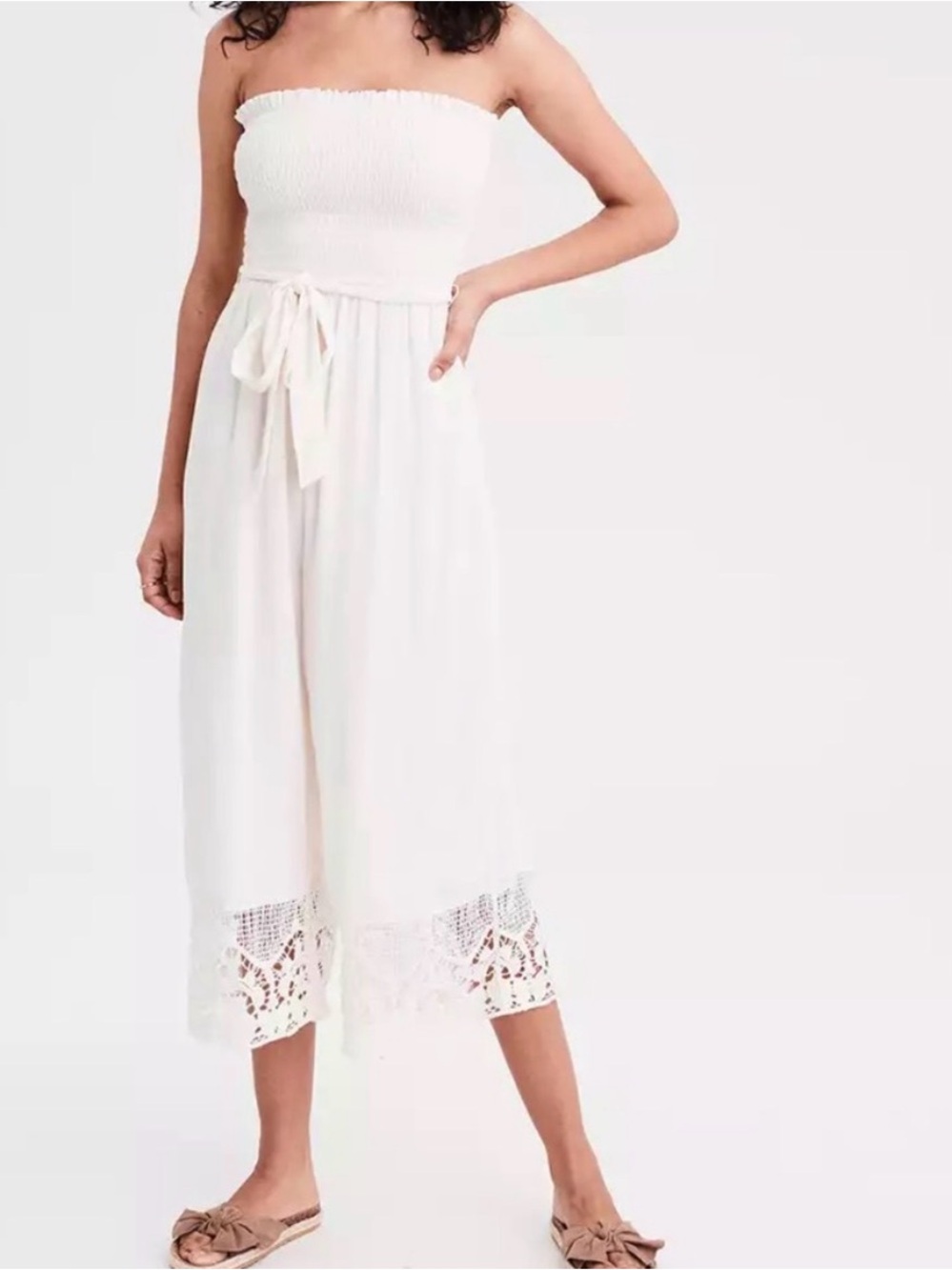 American Eagle Outfitters White Strapless Smocked Cropped Jumpsuit with Lace Hem